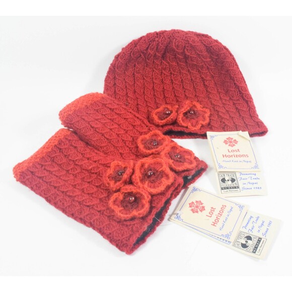 NWT Lost Horizons Nepal Wool Beanie & Finger-less Gloves Set Handmade in Nepal - Picture 1 of 7
